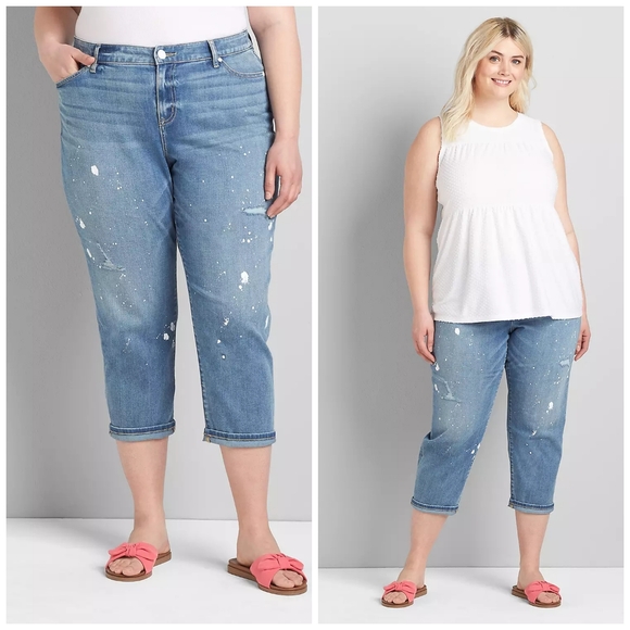 Lane Bryant NWT Light Wash Paint Splatter Signature Fit Boyfriend Capri Jeans 18 - Picture 2 of 15